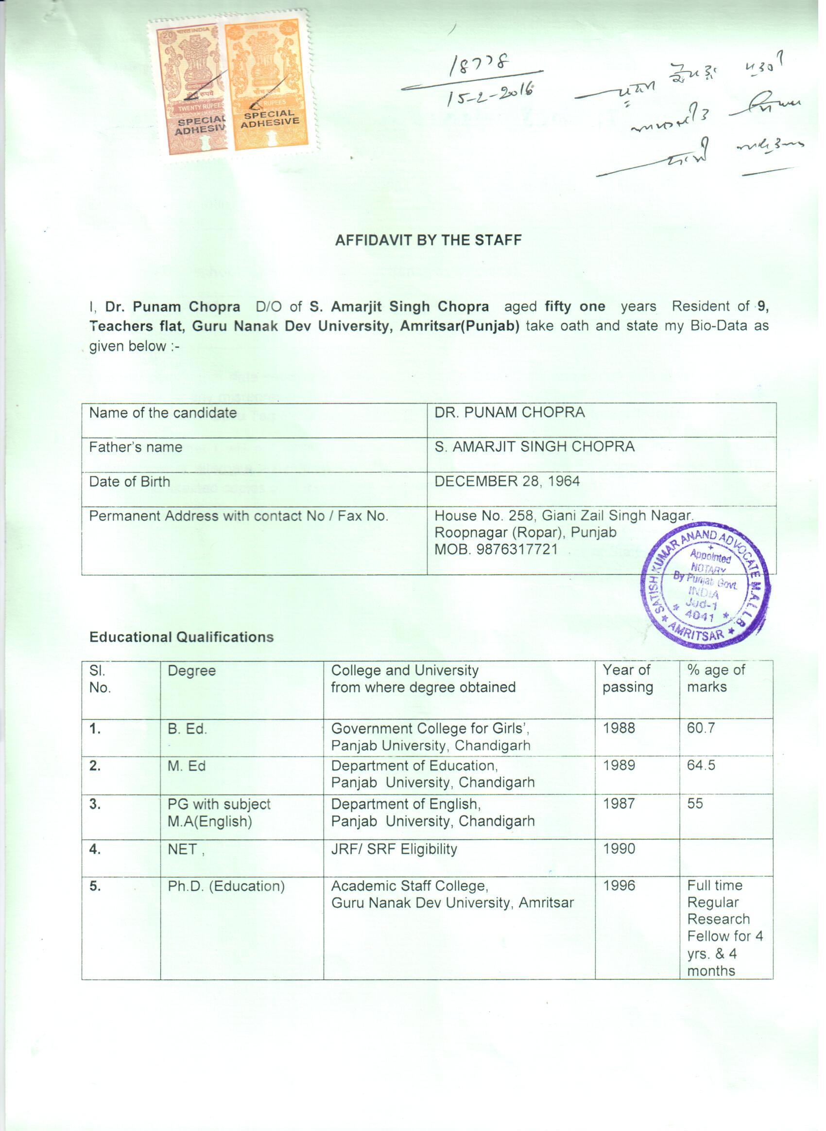 Dr.Punam Chopra Affidavit